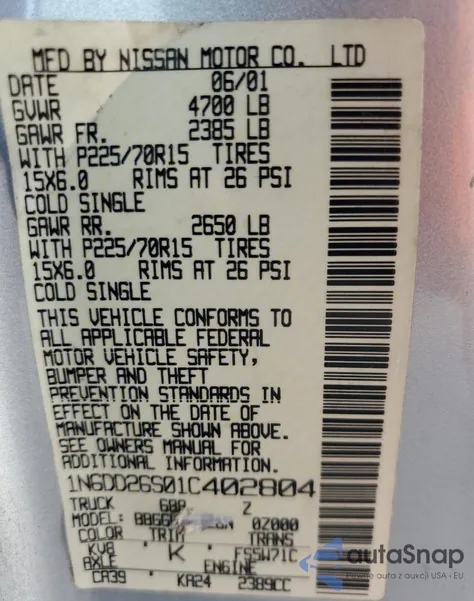 2001 Nissan Frontier King Cab Xe z USA, uszkodzony, nr VIN 1N6DD26S01C402804